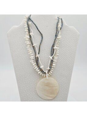 Blue & White Beaded Necklace With Shell Pendant Multi-Strand Design